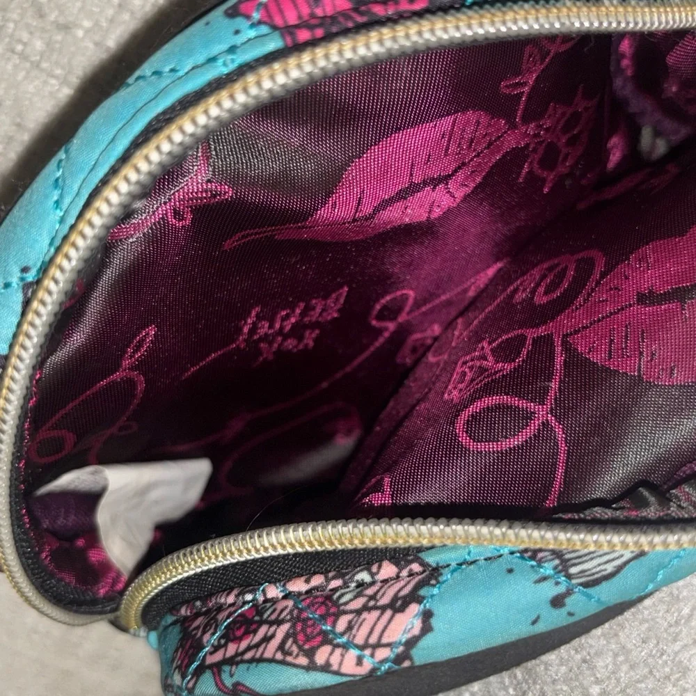 Betsey Johnson Teal Quilted Cosmetic Bag Y2K Girly Heart Zipper Makeup Pouch